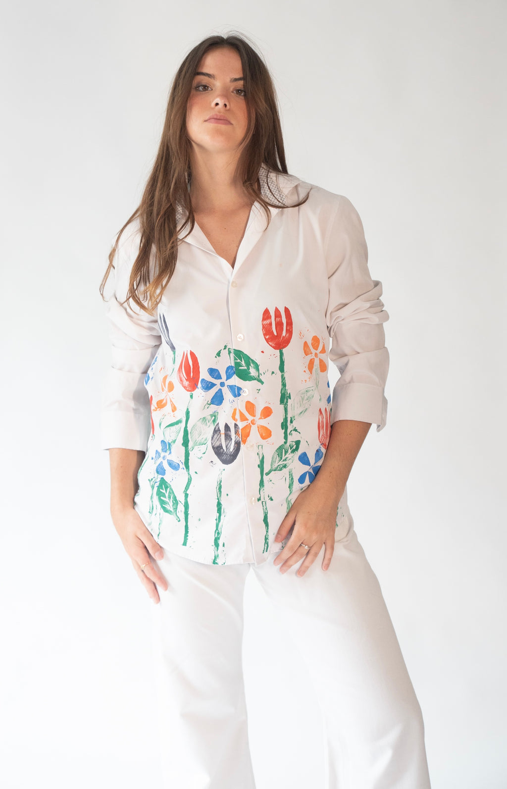 Block print garden button up White