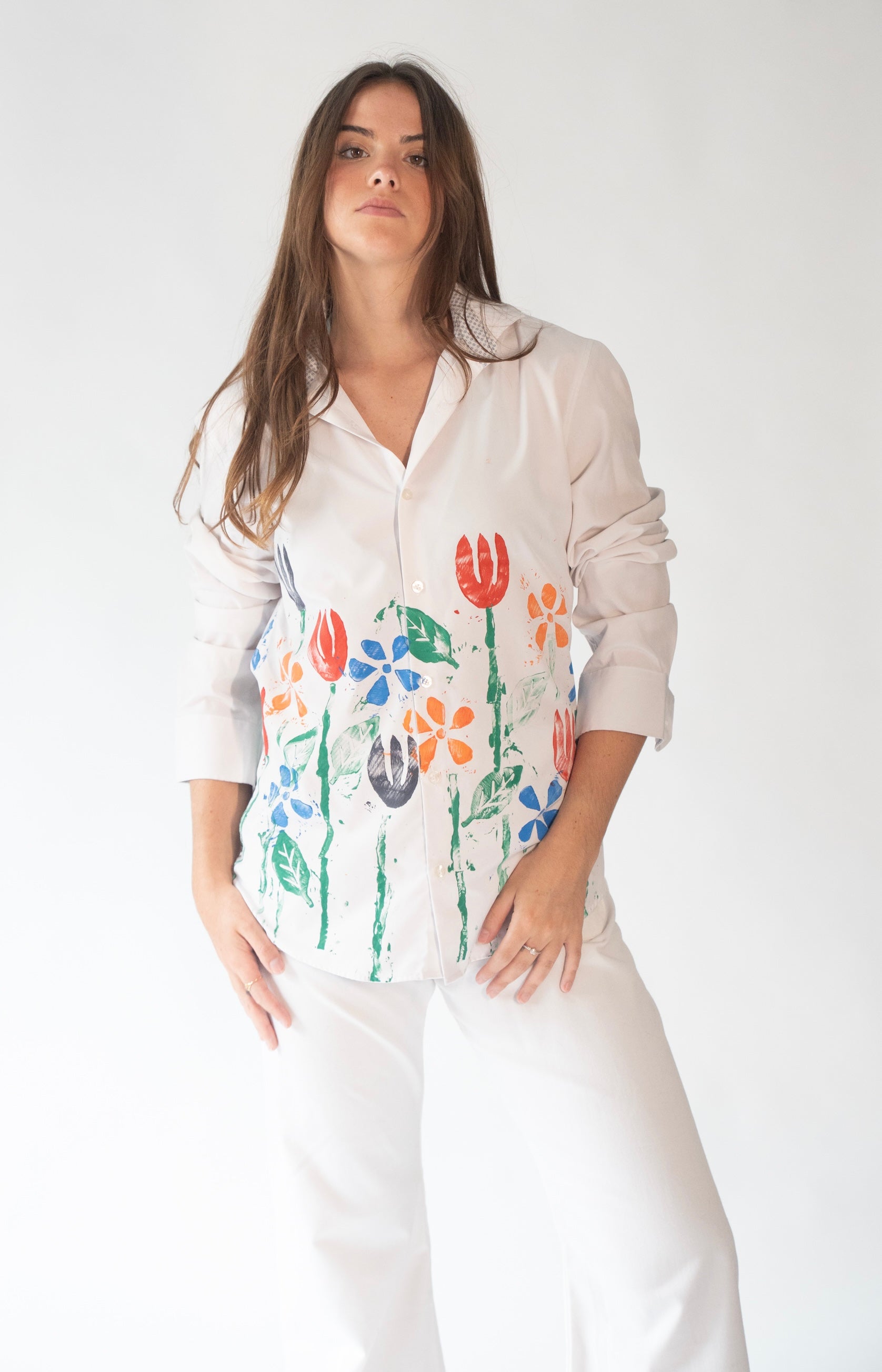 Block print garden button up White