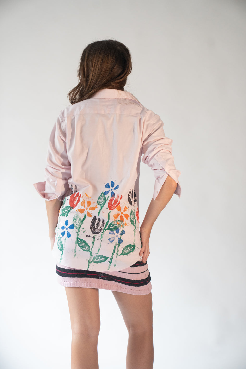 Block print garden button up pink