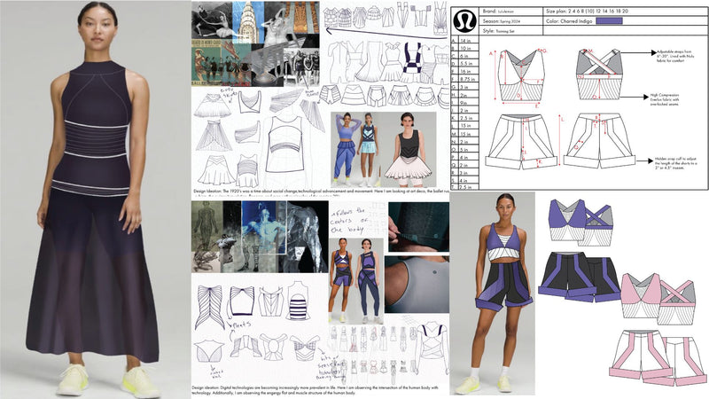 Designs of a navy dress and various athletic wear with sketches and models.