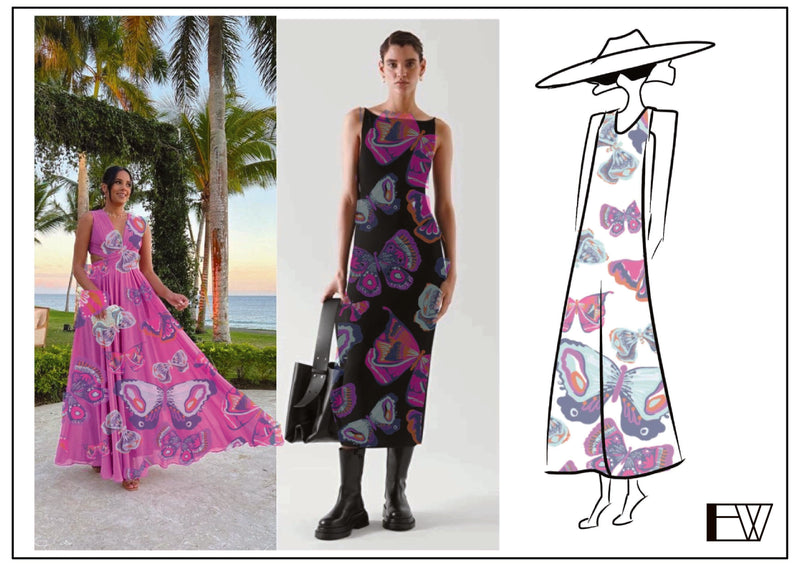 Woman wearing a colorful dress with palm trees in the background, followed by a close-up of the dress, and finally a line drawing of the dress.